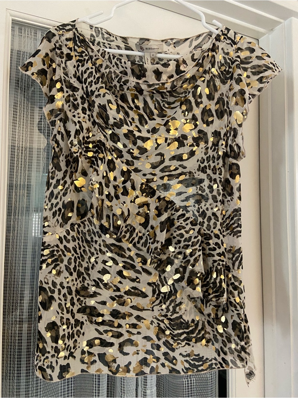 BCBGeneration Gold and Black Leopard Print Short Sleeve Top
